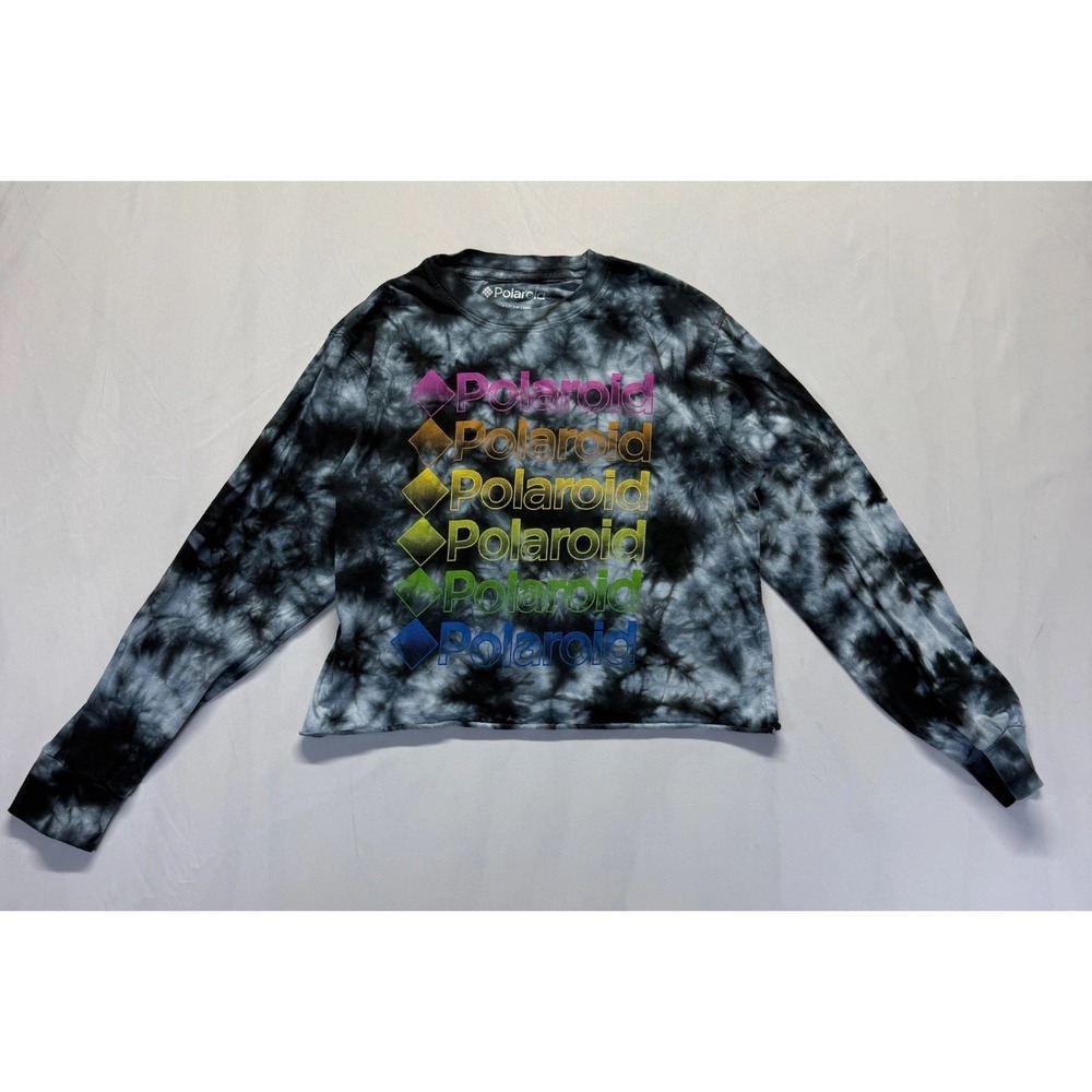 Polaroid Cropped Shirt Womens Small Gray Black Tie Dye Graphic Print Logo Cotton